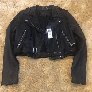 BCBG Black Leather Jacket with Studded Collar